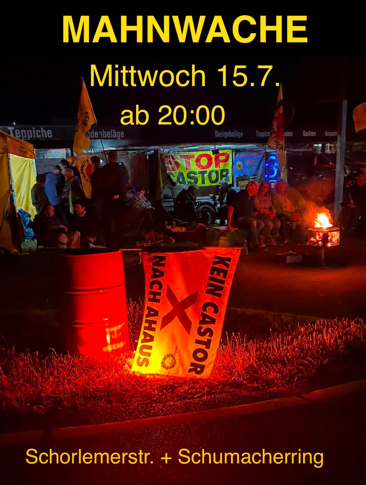 Das Bild zeigt eine Aufnahme der letzten Mahnwache mit der Aufforderung zur Teilnahme an der Mahnwache am 15. Juli 2026 an der Kreuzung Schorlemerstraße und Schumacherring.