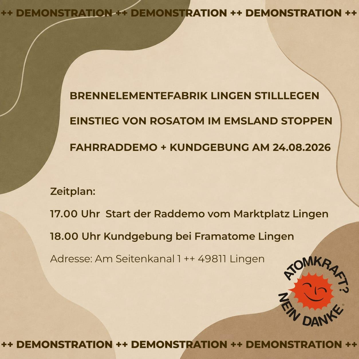 Demoaufruf zur Fahrraddemo und Kundgebung in Lingen am 24. August 2026 um 17 Uhr - Startpunkt: Marktplatz, Kundgebung: Framatome Lingen