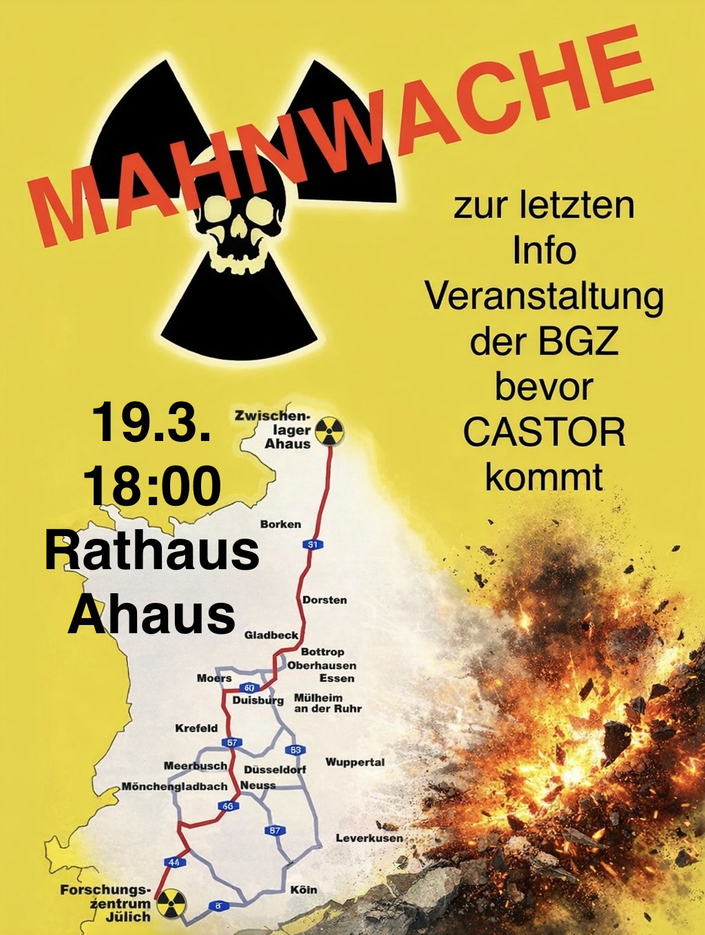 Der Aufruf zur Mahnwache am 19. März 2026 zeigt die geplante Route der Castor-Transporte.