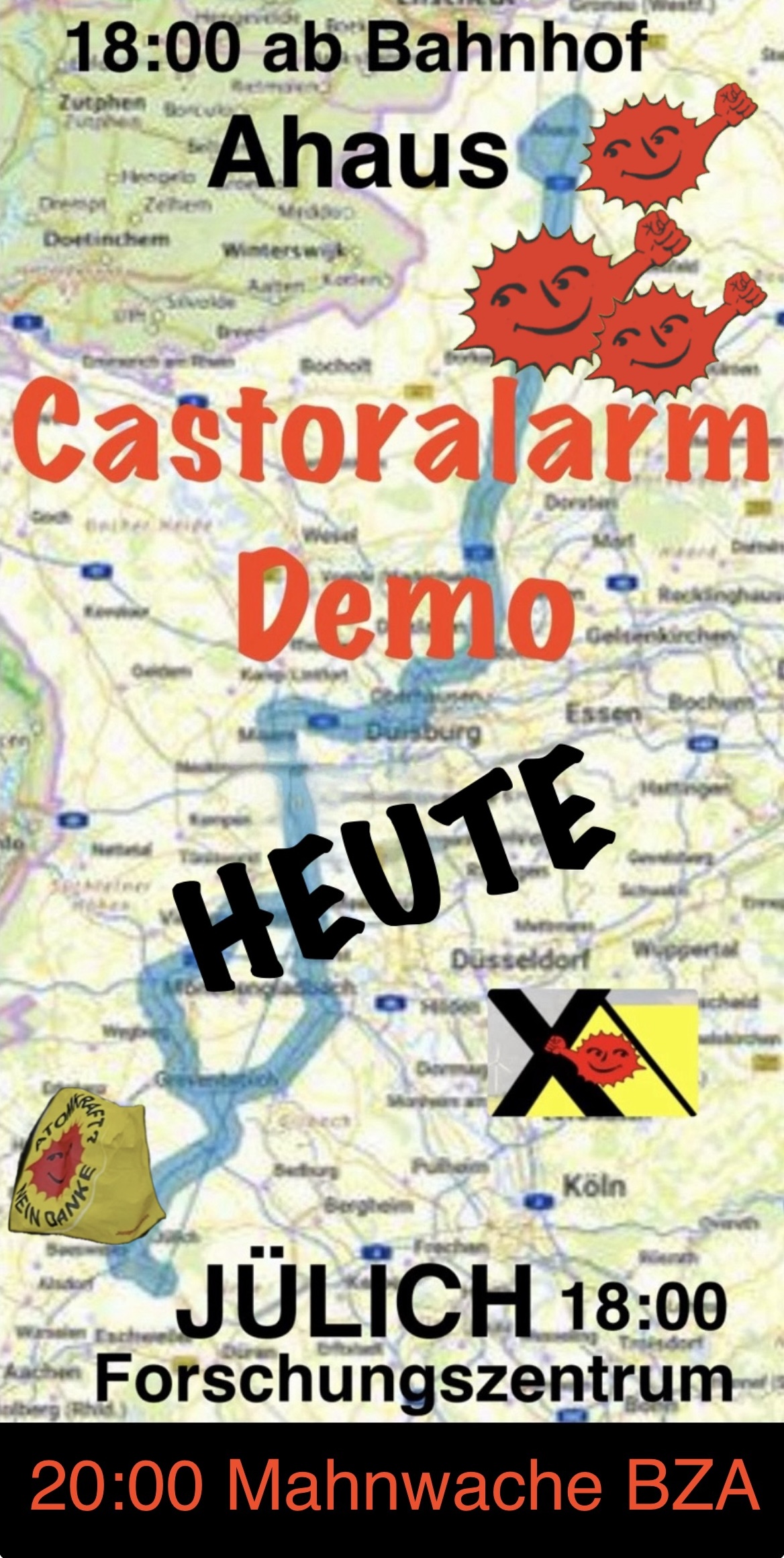 Die Aufforderung zur Teilnahme an den Demonstrationen am 24.03.2026 zeigt die geplante CASTOR-Route.